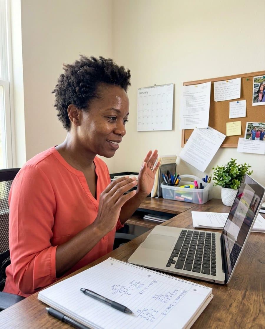 A teacher guiding a student in a live online lesson